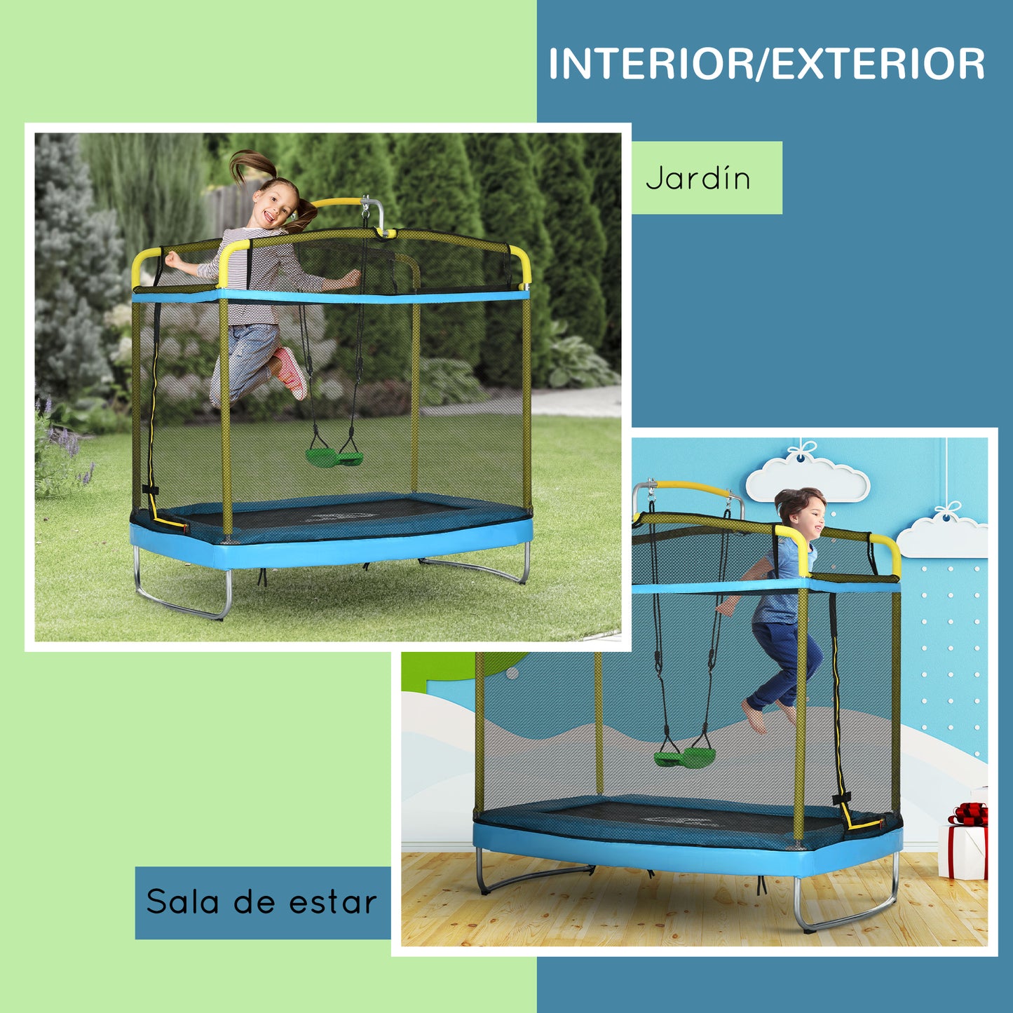 Zonekiz Trampolín Para Niños Con Red De Seguridad 178x118x210 Cm Azul Claro_5