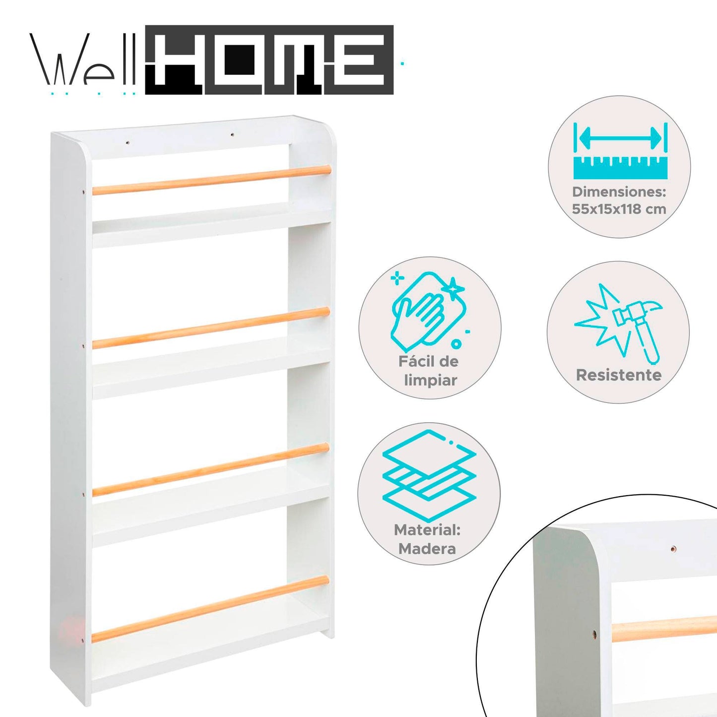 Well Home - Estantería Biblioteca Clásica De Madera - Color Blanco - 4 Pisos - 118 X 55 Cm_1