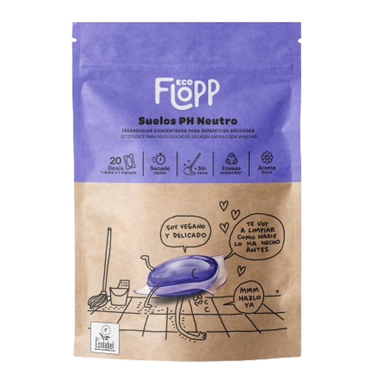 Produto de limpeza de pavimentos ECO pH neutro, embalagem doypack, Flopp, 20 cápsulas