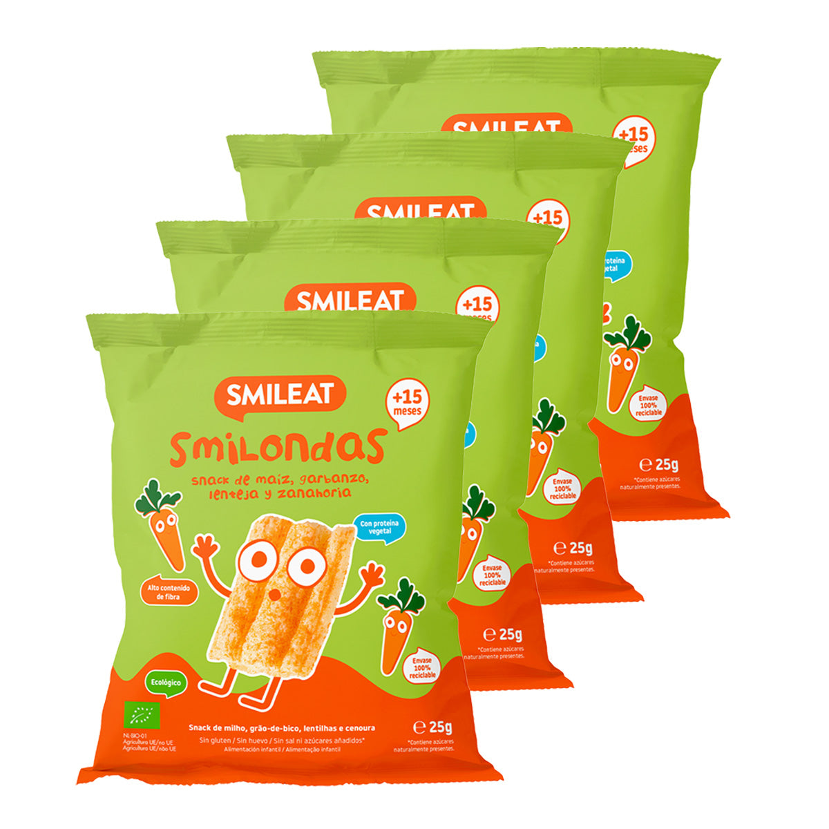 Pack de 4 Snacks Smilondas feitos de milho, grão-de-bico, lentilhas e cenouras biológicas, Smileat, 25 g