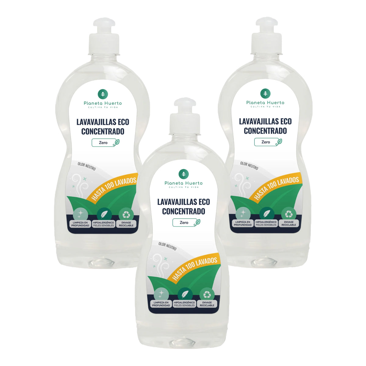 Embalagem de 3 Máquinas de lavar louça manuais hipoalergénicas sem perfume ECO Planeta Huerto 750 ml