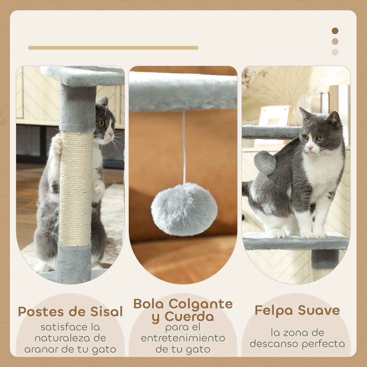 Pawhut Árbol Rascador Para Gatos Con Postes Plataformas Caja Bola Colgante Gris_4