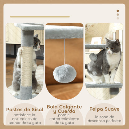 Pawhut Árbol Rascador Para Gatos Con Postes Plataformas Caja Bola Colgante Gris_4