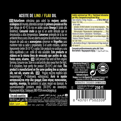 Óleo de Linhaça Biológico NaturGreen, 250 ml