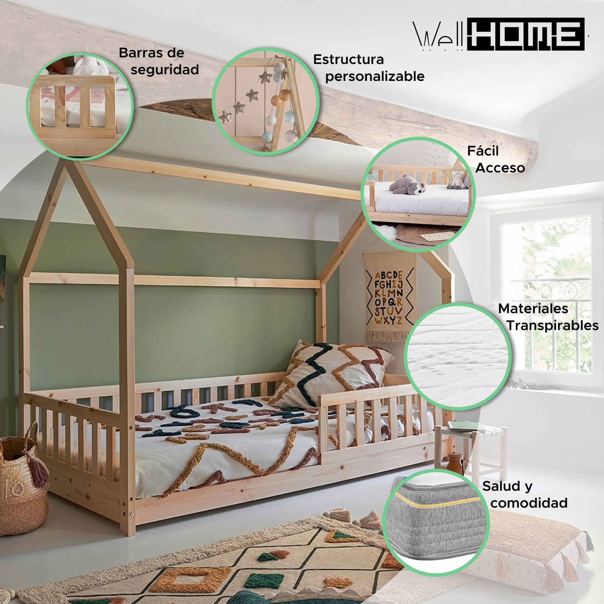 Cama Infantil Cabaña Bosco 90x190cm Con Colchón Serenia Transpirable_3