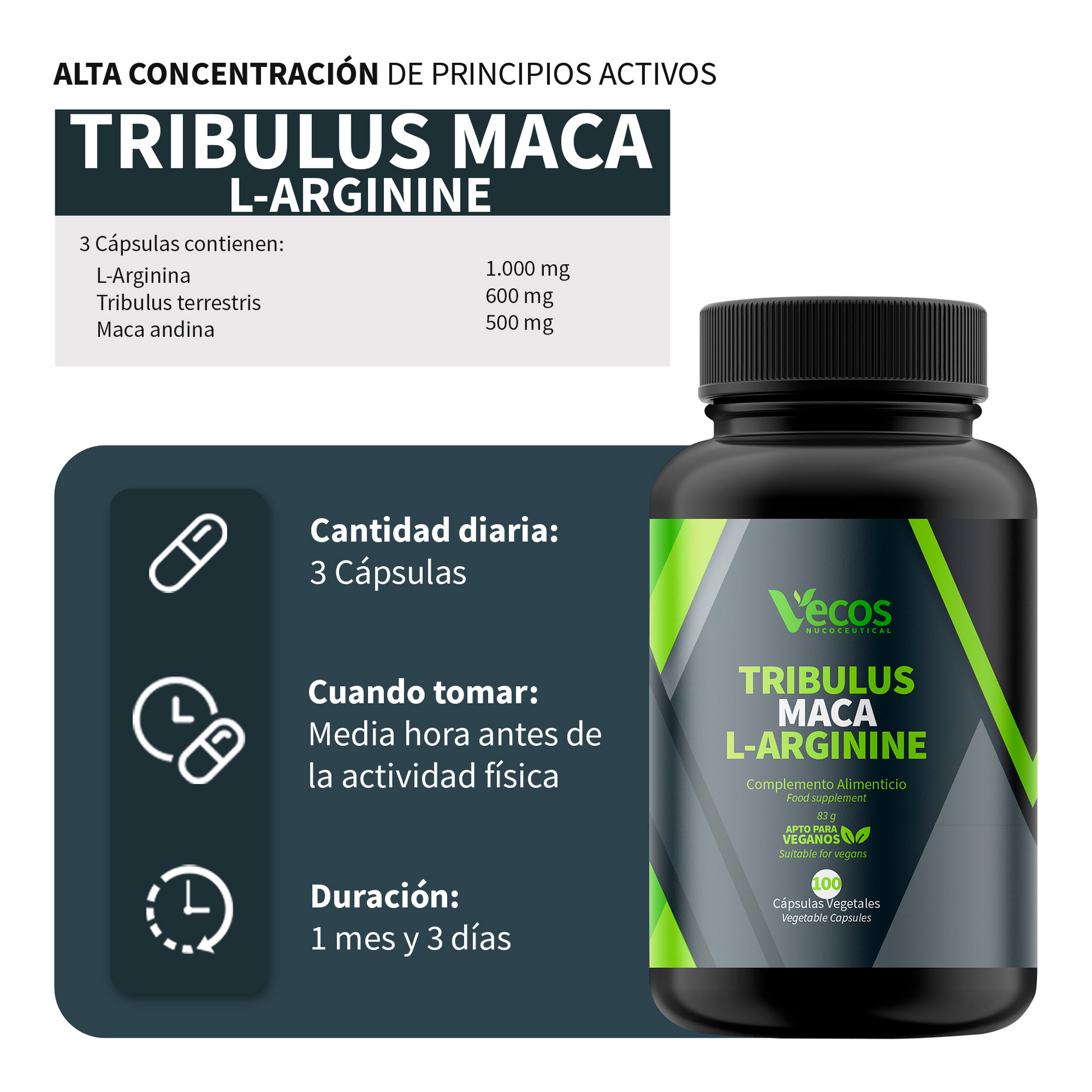 Tribulus + Maca + L-arginina Vecos 100 Cápsulas | Rendimiento, Energía Y Libido Masculina_2