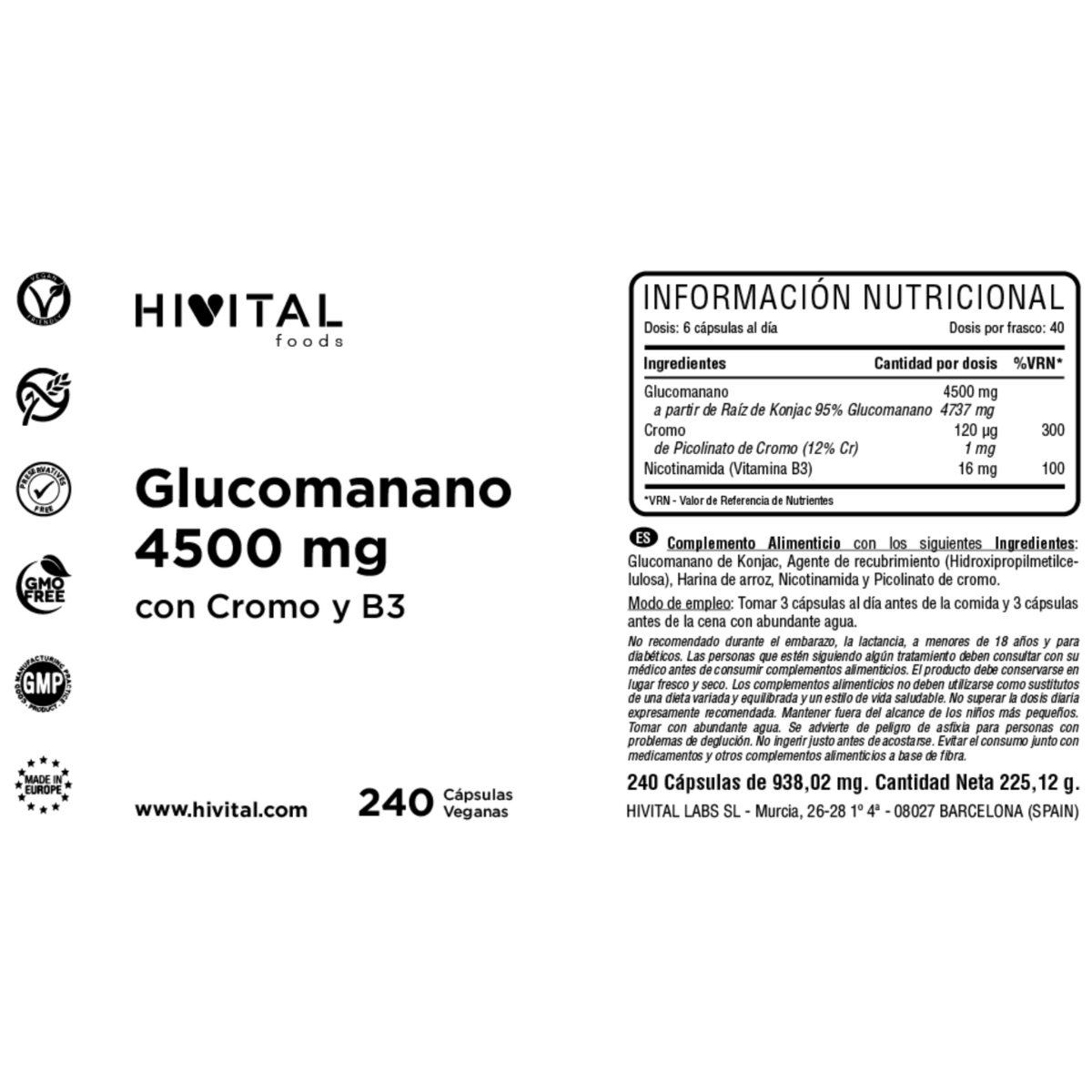 Glucomanano 4500 mg Hivital 240 cápsulas vegan