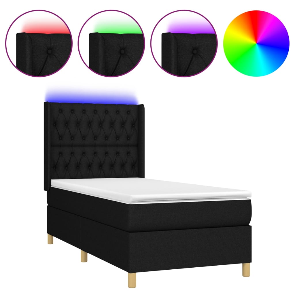 Cama Box Spring Colchón Y Luces Led Tela Negro 90x190 Cm / Vetonek_5