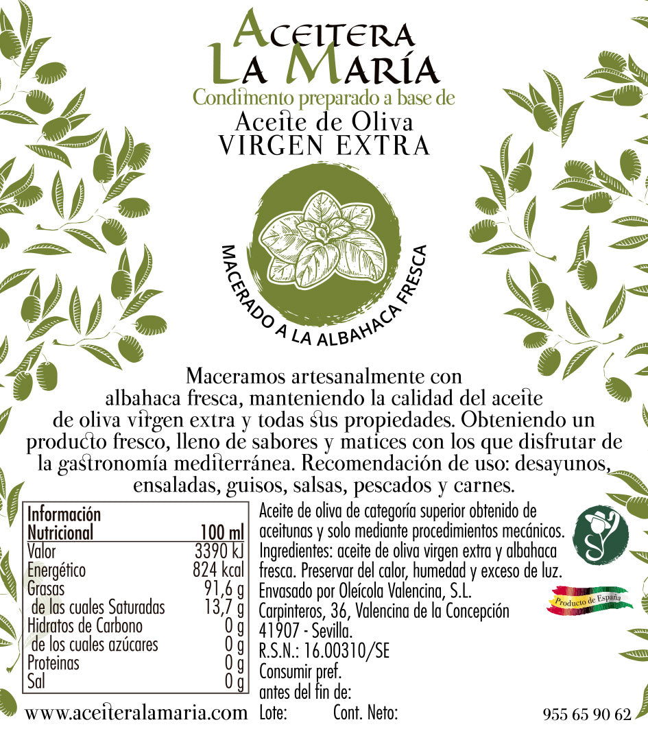Aceite De Oliva Virgen Extra Macerado A La Albahaca 50 Cl Con Vertedor Metálico_2