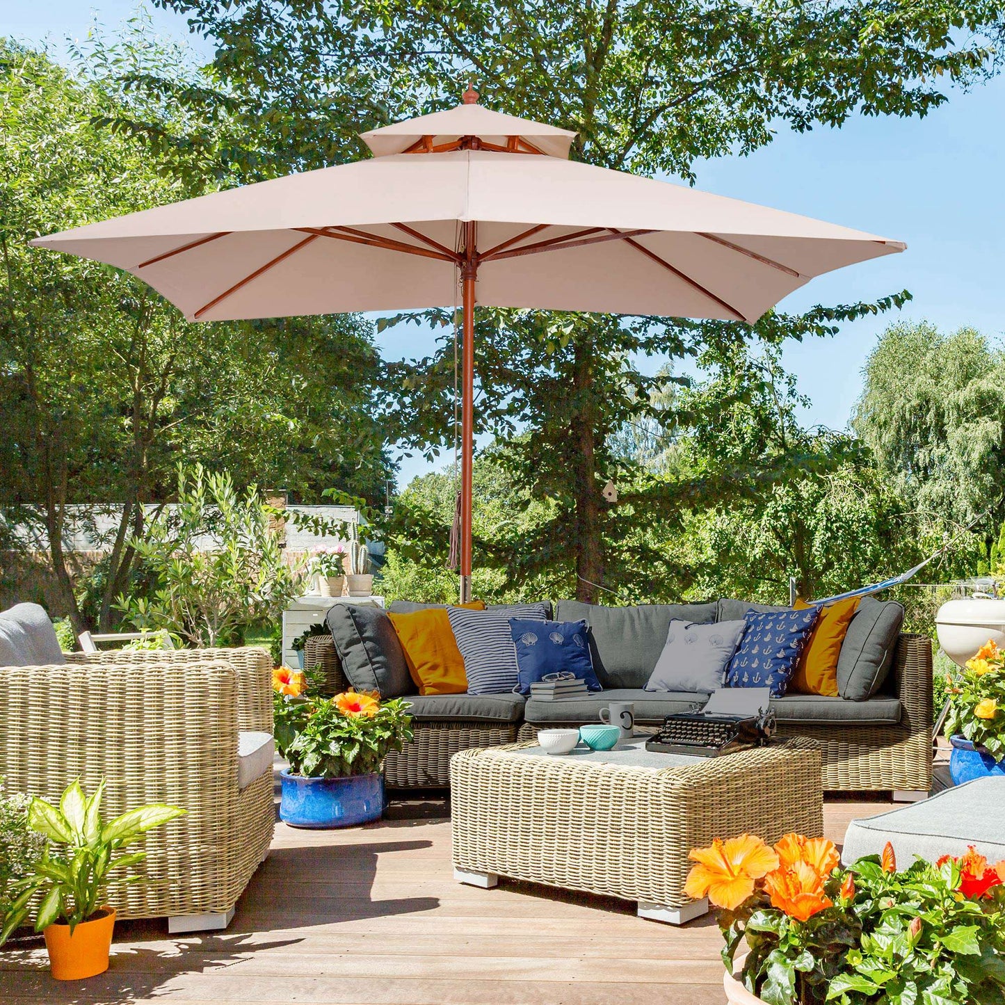 Outsunny Sombrilla De Jardín 3x3x3 M Con Doble Techo Sistema De Polea Beige_1