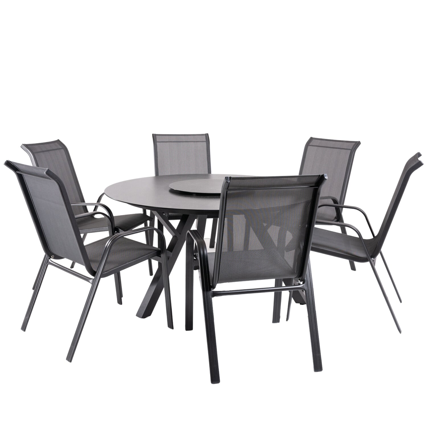 Conjunto De Mesas Y Sillas De Jardín, Redonda 135 Cm De Cristal Templado, Color Antracita + 6 Sillones De Aluminio_0