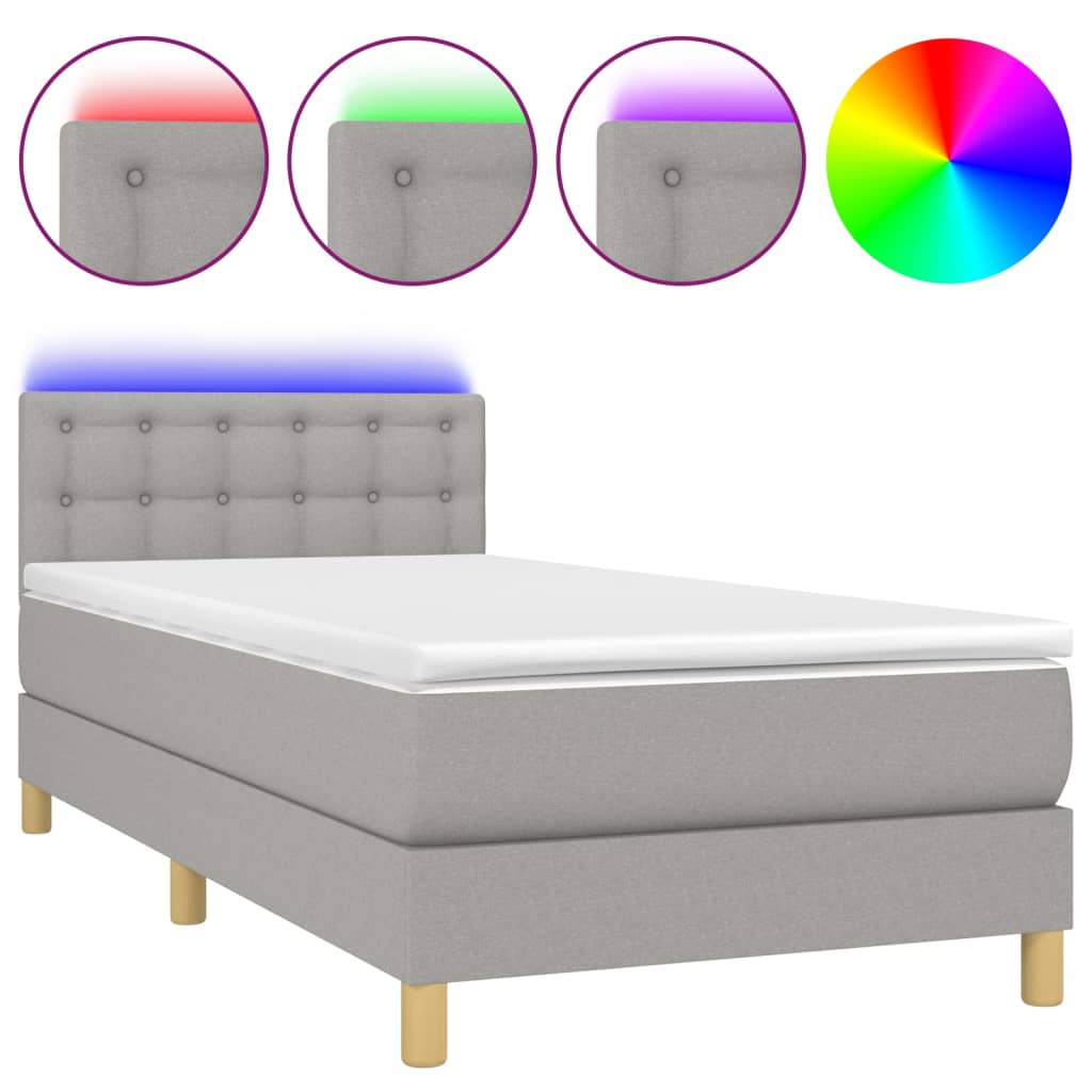 Cama Box Spring Con Colchón Tela Y Led Gris Claro 100x200 Cm / Vetonek_3