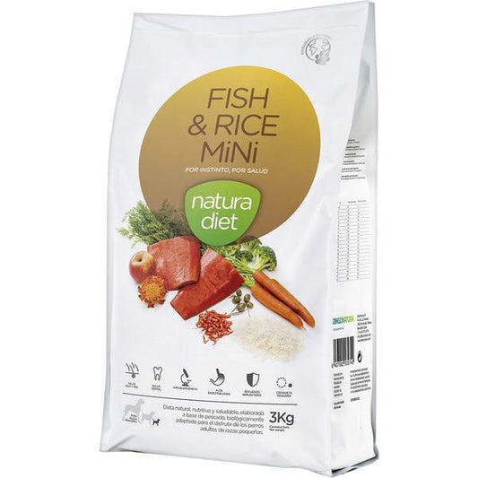 Natura Diet Fish &amp; Rice Mini Ração para Cães Isento de OGM 3 kg