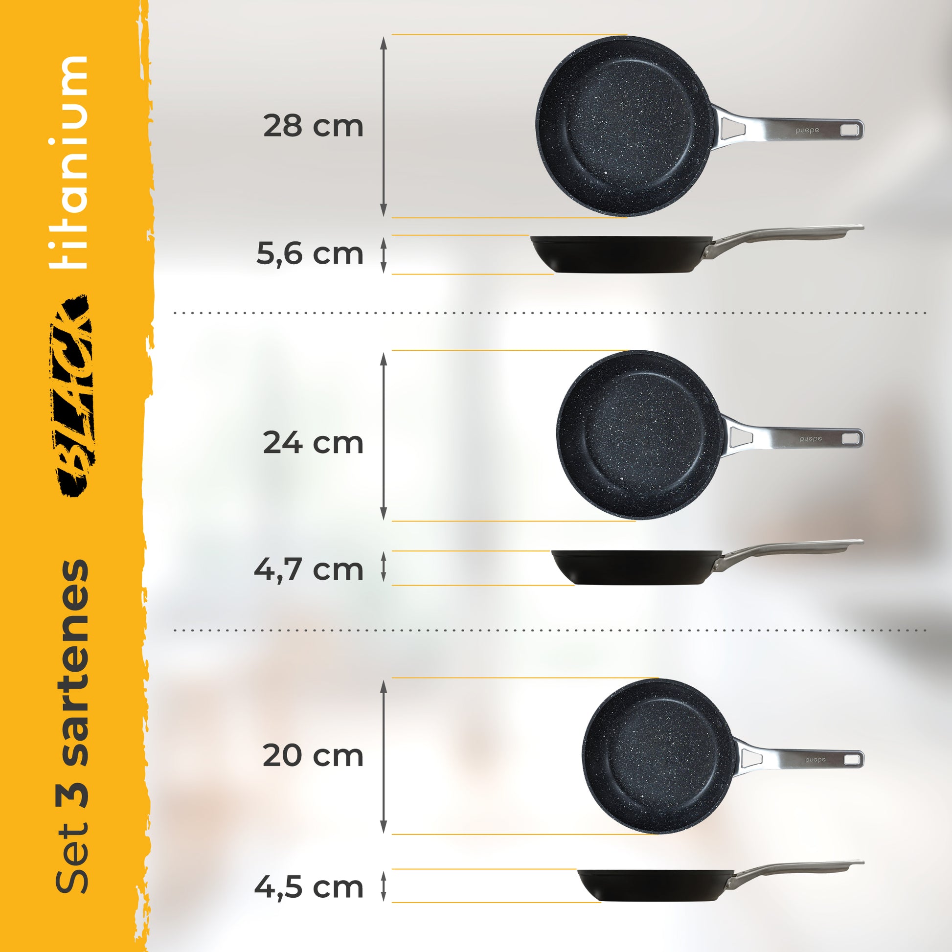 Briebe Set 3 Sartenes Antiadherentes Inducción Titanio 20-24-28cm, Aluminio Forjado Antiadherente, Black Titanium_4