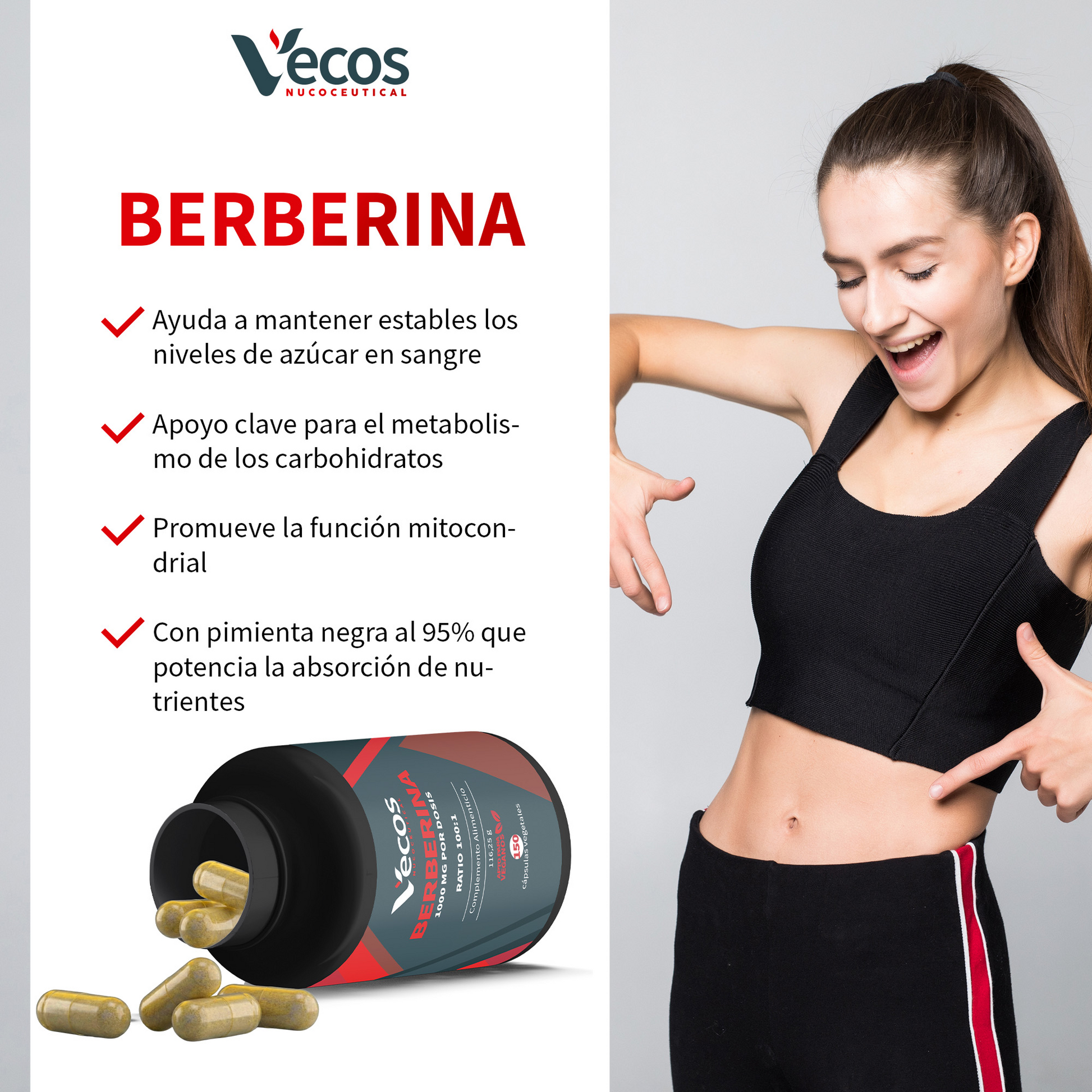 Berberina 1000 Mg 100:1 Vecos 150 Cápsulas | Control De Glucosa Y Metabolismo | Con Cromo Y Piperina 95%_3