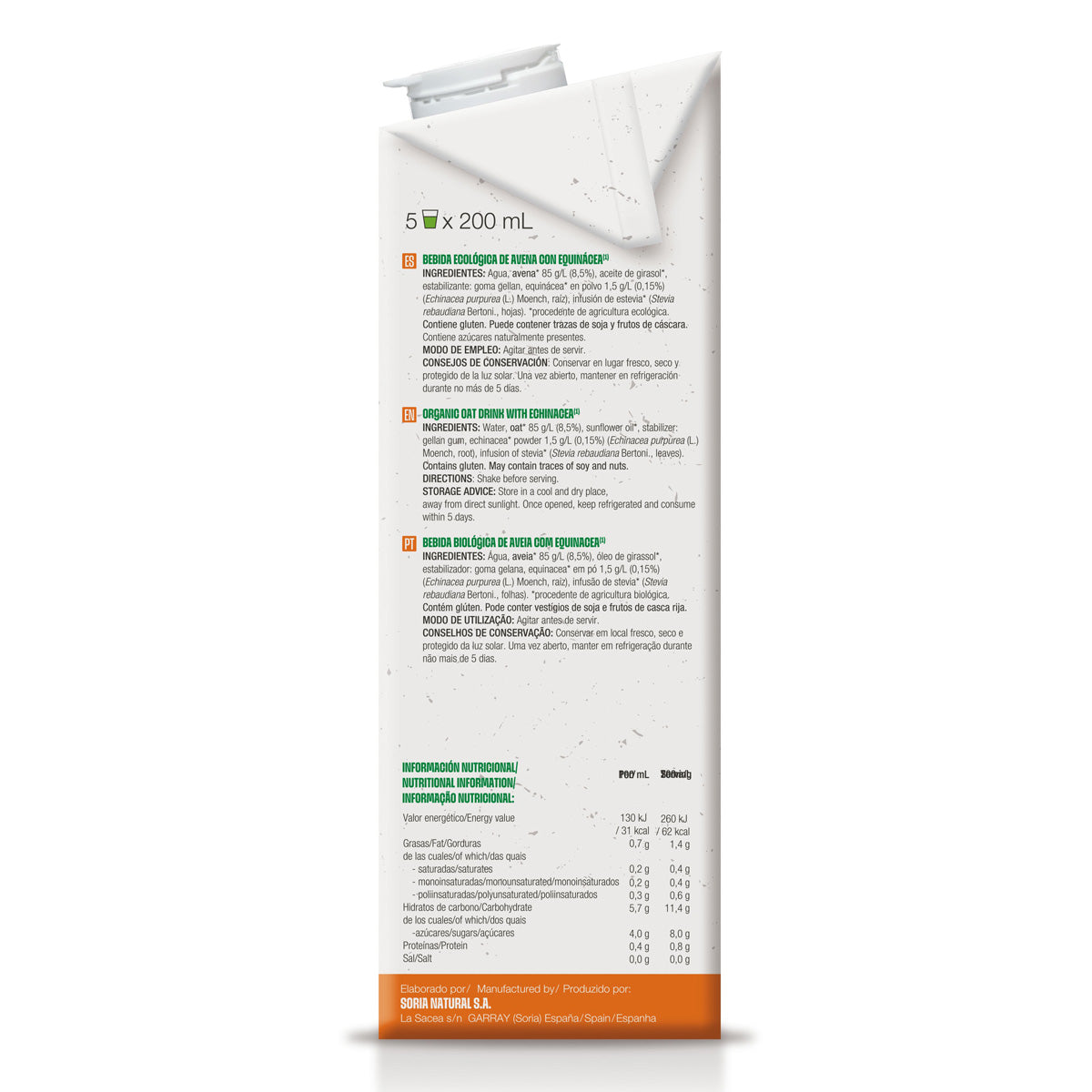 Bebida de aveia biológica com equinácea, Soria Natural, 1 L