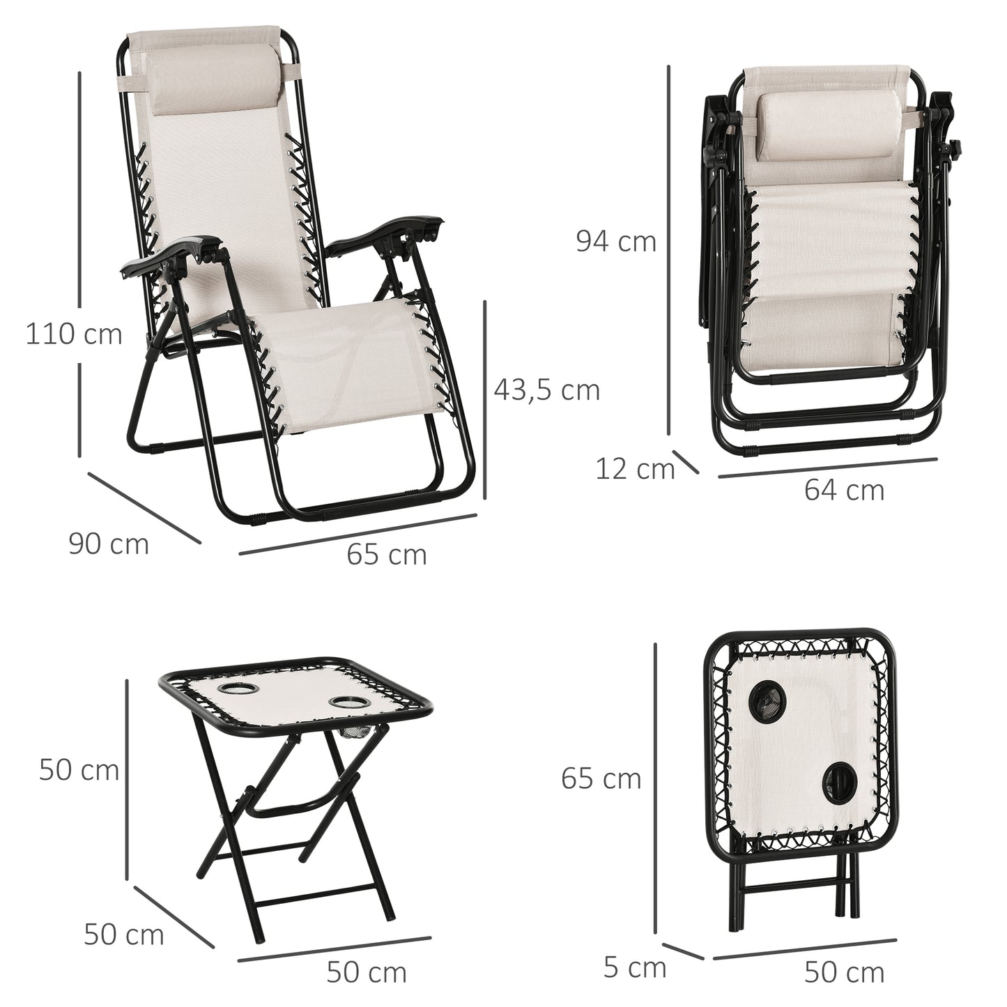 Outsunny 2 Sillas De Gravedad Cero Plegables Mesa Auxiliar Con Portavasos Beige_2