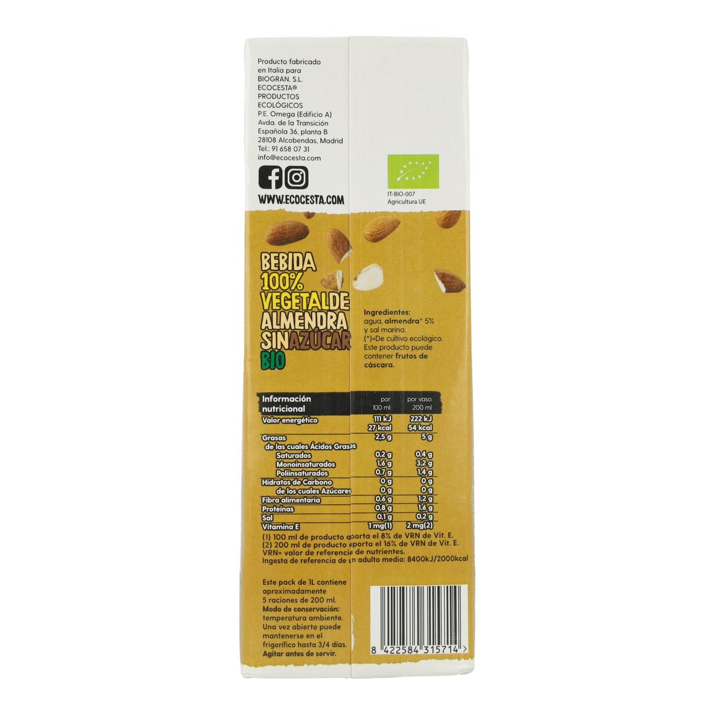Bebida de Amêndoa Biológica 0% Açúcar, 1L Ecocesta