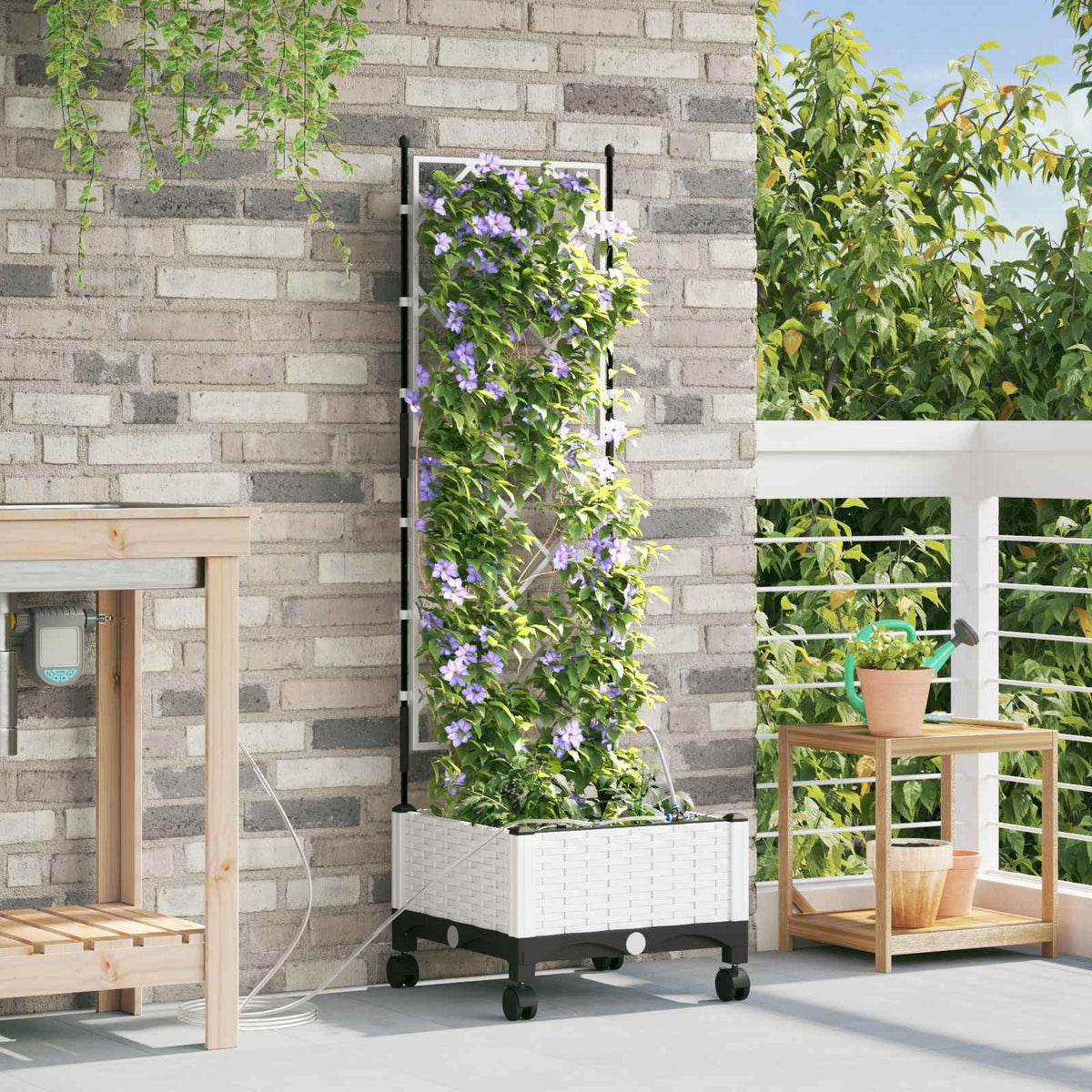 Maceta De Jardín Con Riego Y Ruedas Blanco 40 X 40 X 132 Cm Pp_1
