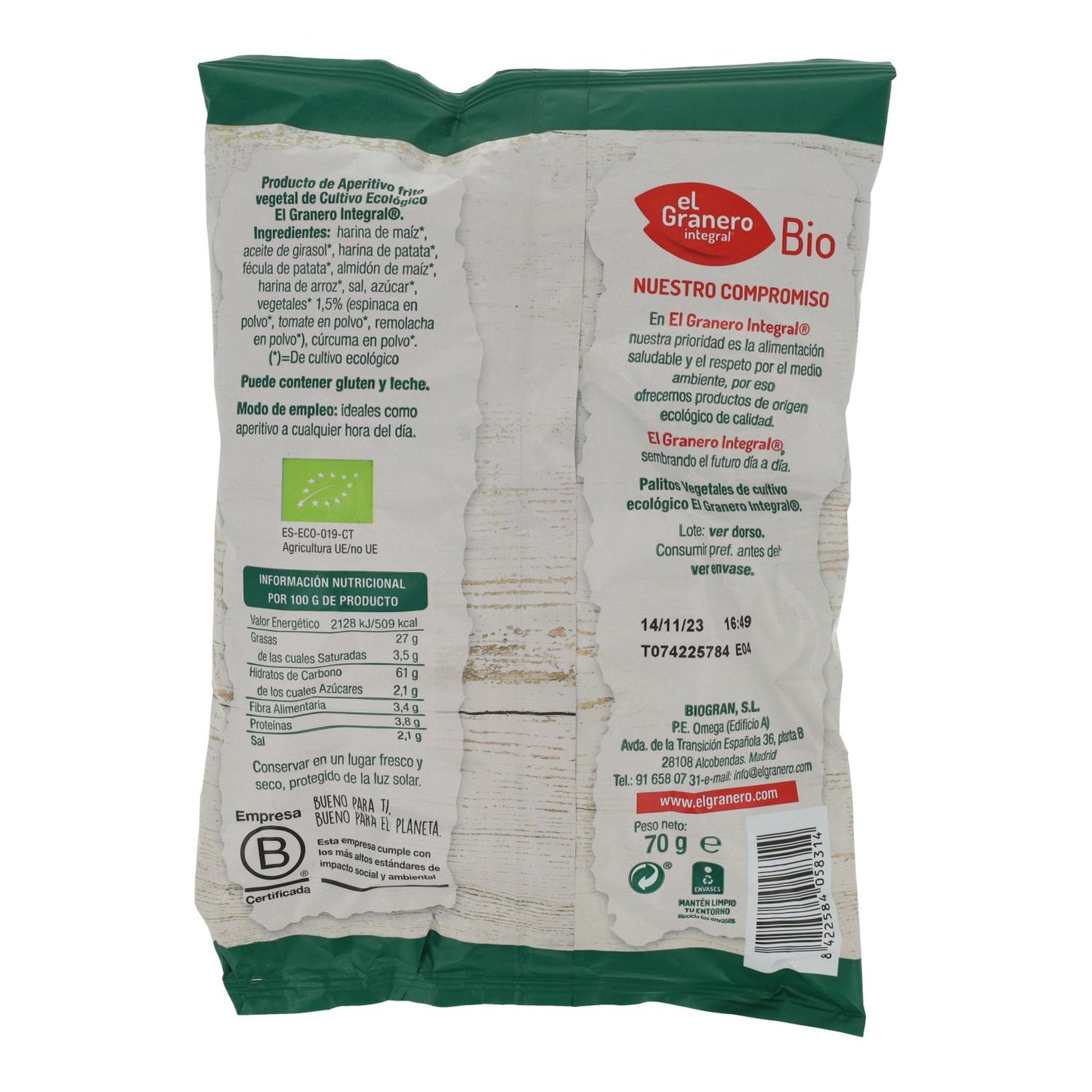 Palitos de Vegetais Biológicos Chips El Granero 70 g
