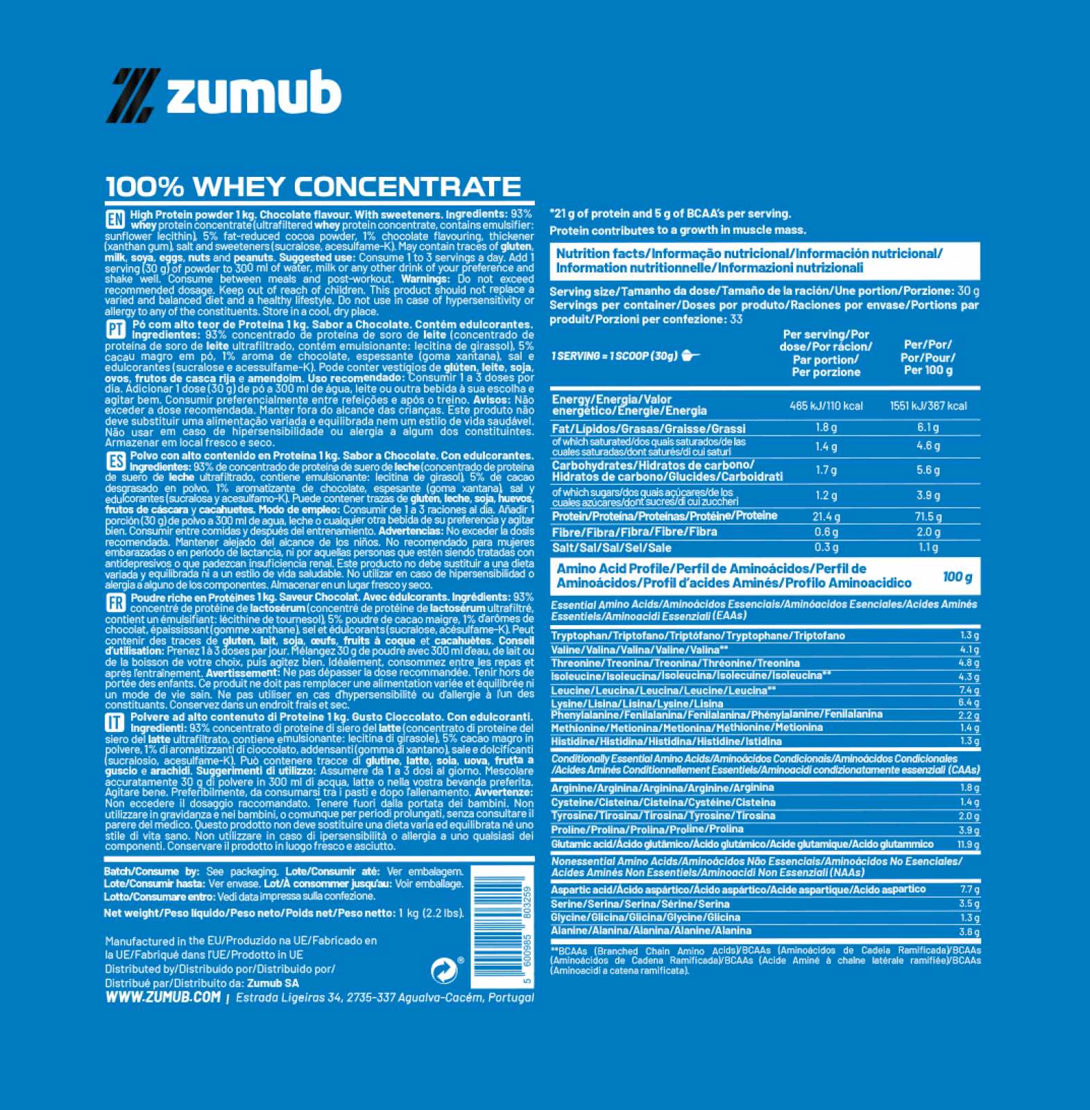 Zumub 100% Whey Concentrate 1kg Chocolate_1