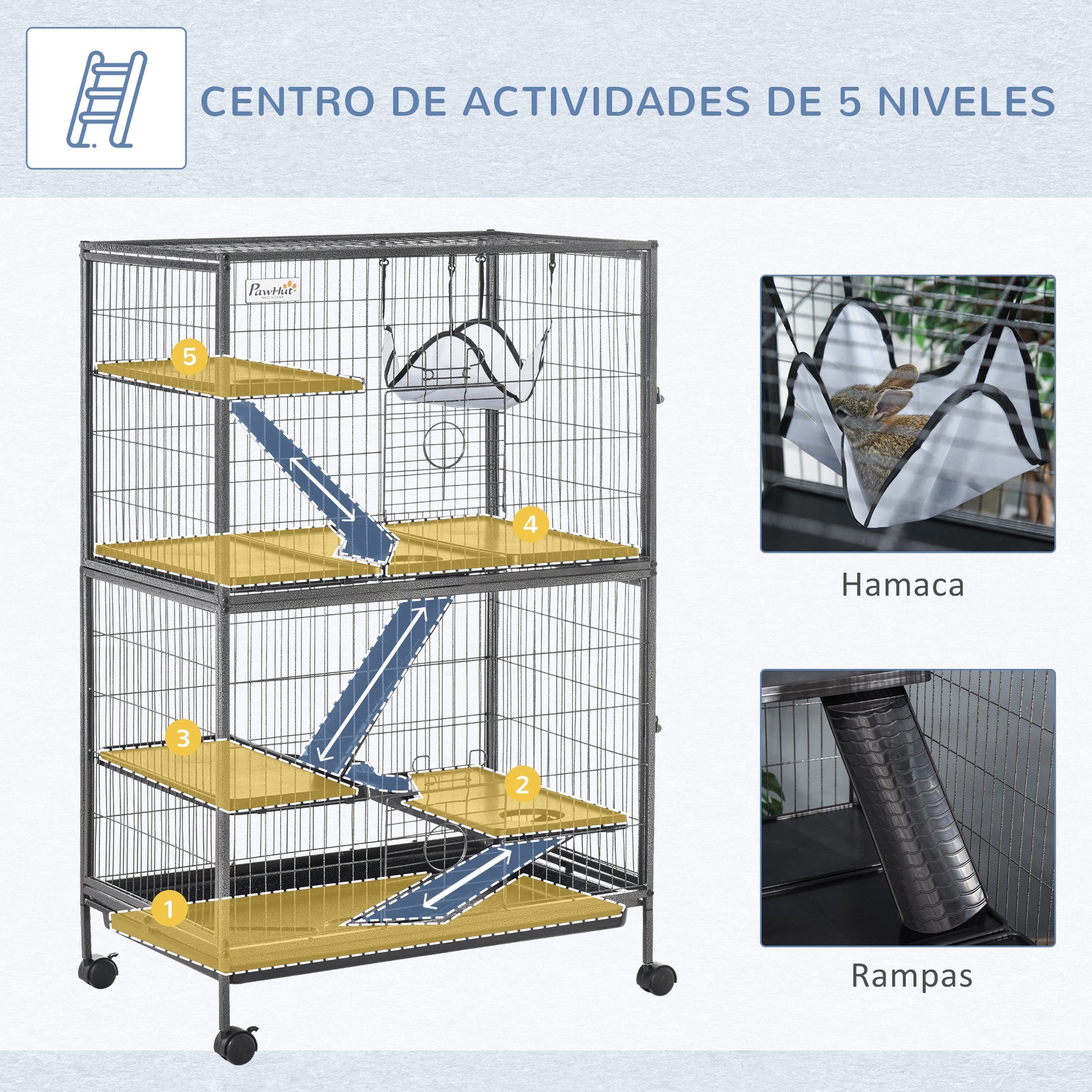 Pawhut Jaula Grande Para Roedores 80x52x128cm Con 4 Pisos Rampas Hamaca Bandeja_5