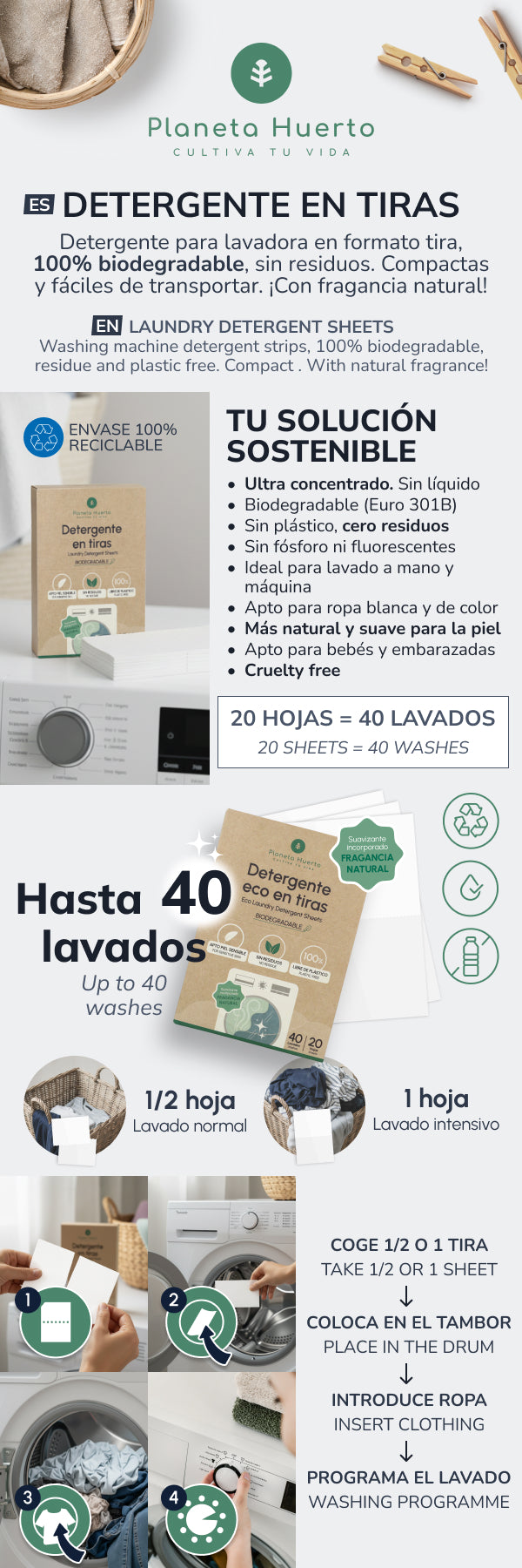 Detergente e amaciador Eco-Strips Planeta Huerto 40 lavagens