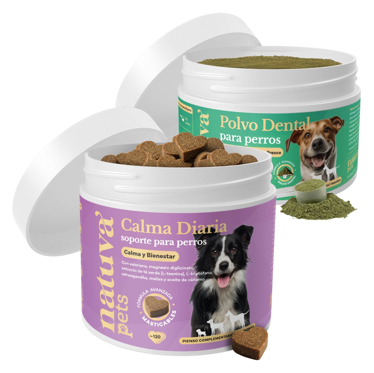 Pack Calmante + Polvo Dental Para Perros. Suplementos Mascotas. 120 Masticables Y 180 G. Natuva Pets_0