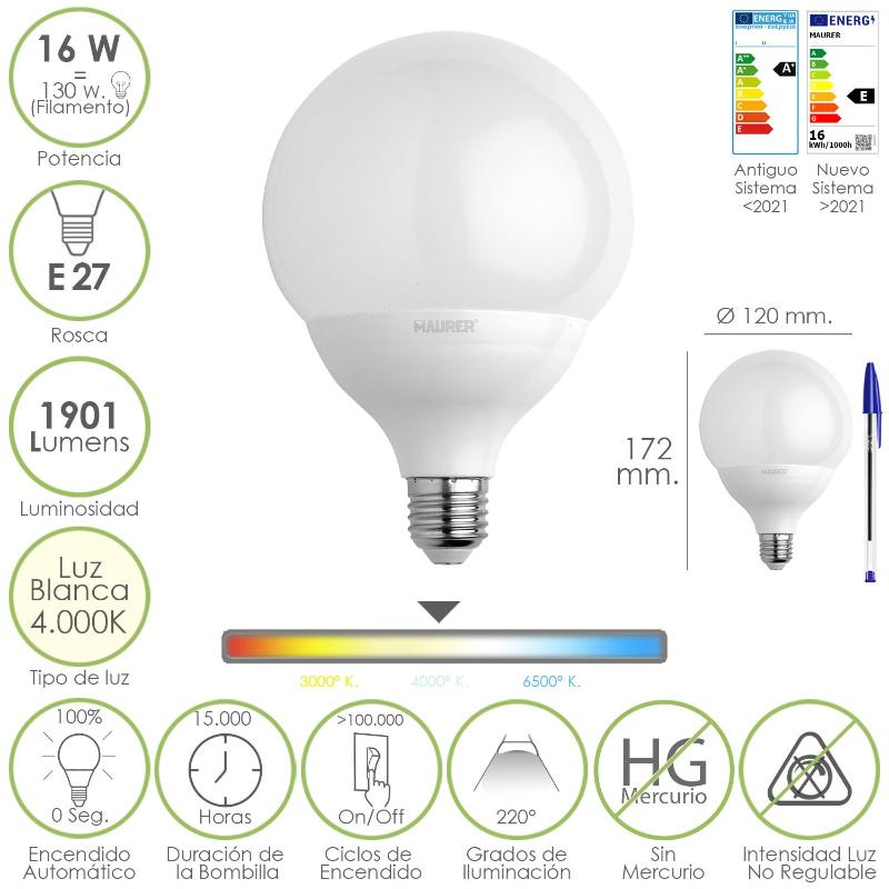 Bombilla Led Globo Rosca E27. 16 Watt. Equivale A 130 Watt. 1901 Lumenes. Luz Blanca (4000º K.)_0