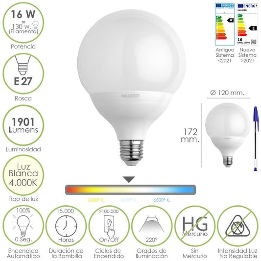 Bombilla Led Globo Rosca E27. 16 Watt. Equivale A 130 Watt. 1901 Lumenes. Luz Blanca (4000º K.)_0
