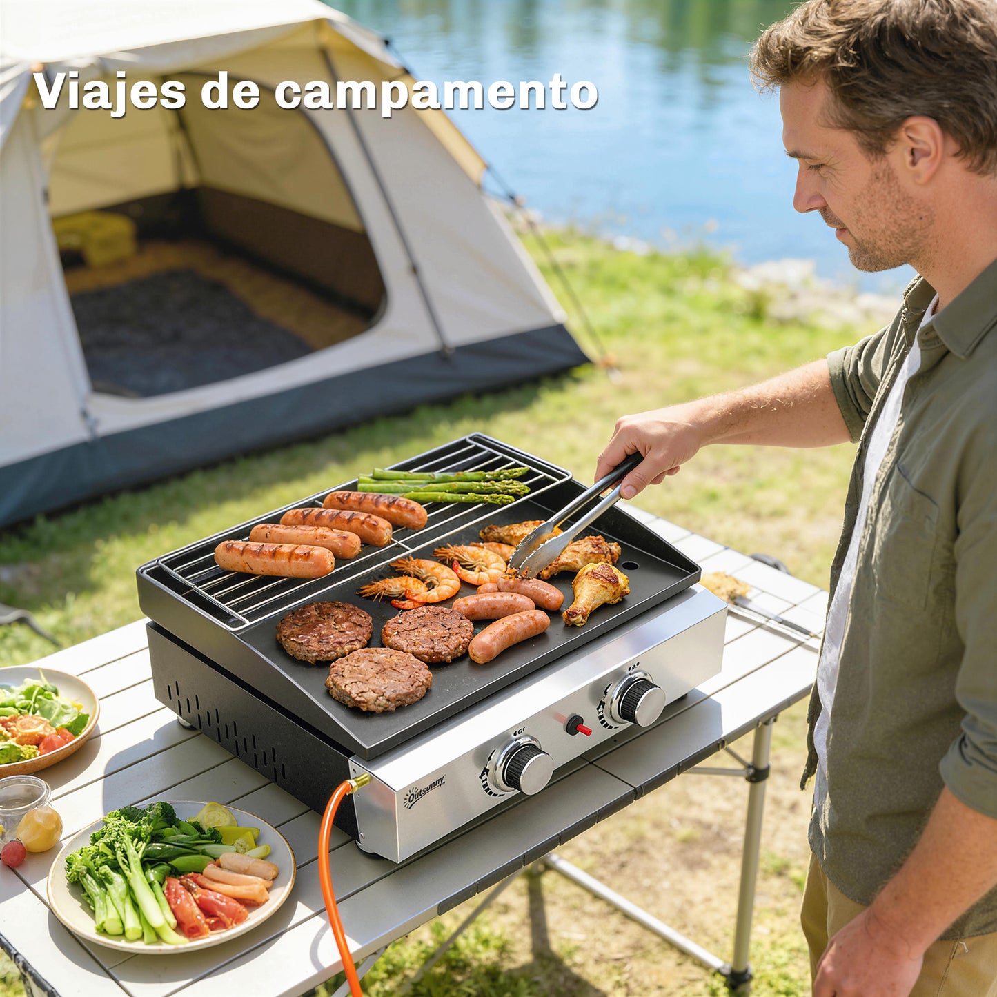 Outsunny Barbacoa De Gas Con 2 Quemadores 5 Kw Plancha Rejilla Calentadora_3