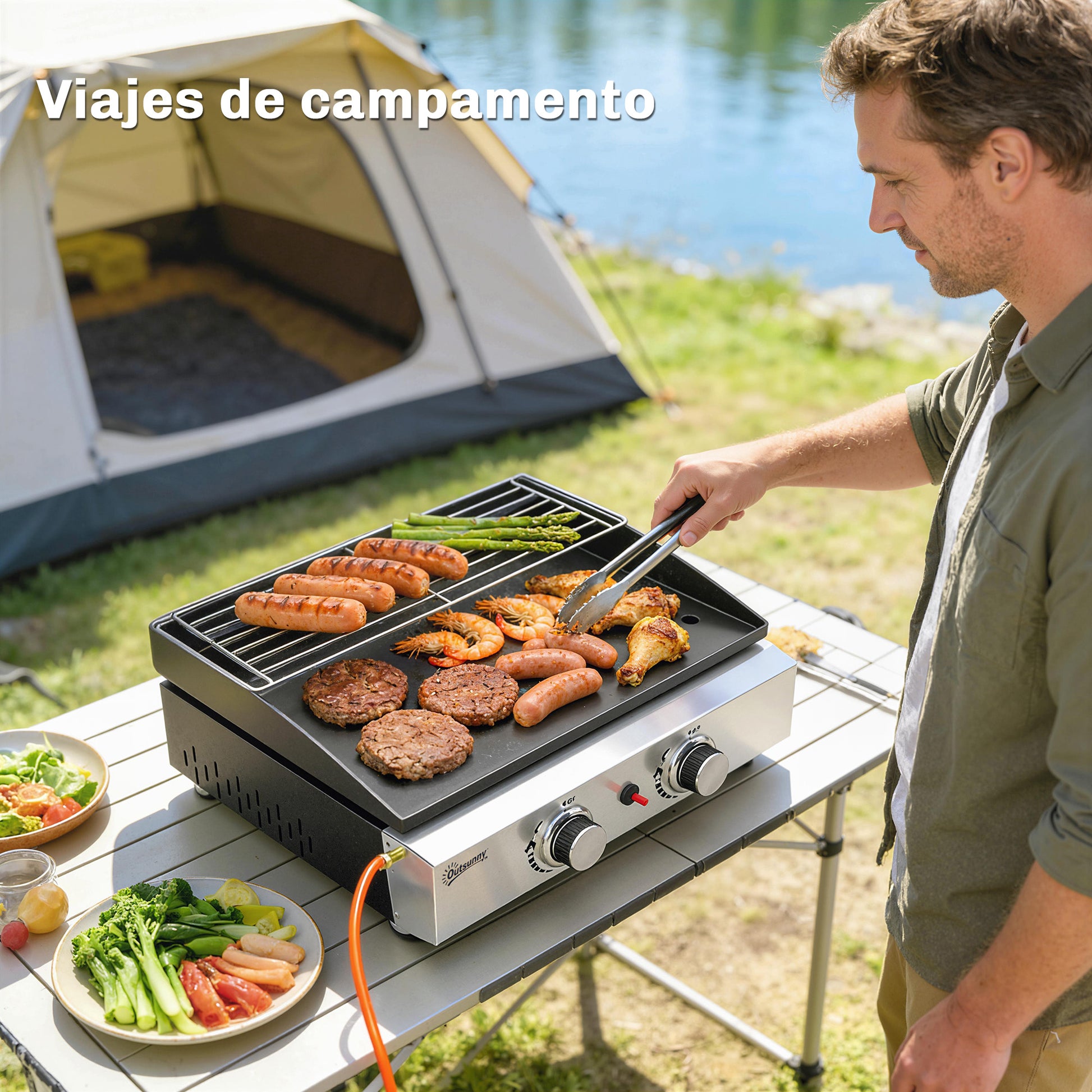 Outsunny Barbacoa De Gas Con 2 Quemadores 5 Kw Plancha Rejilla Calentadora_3
