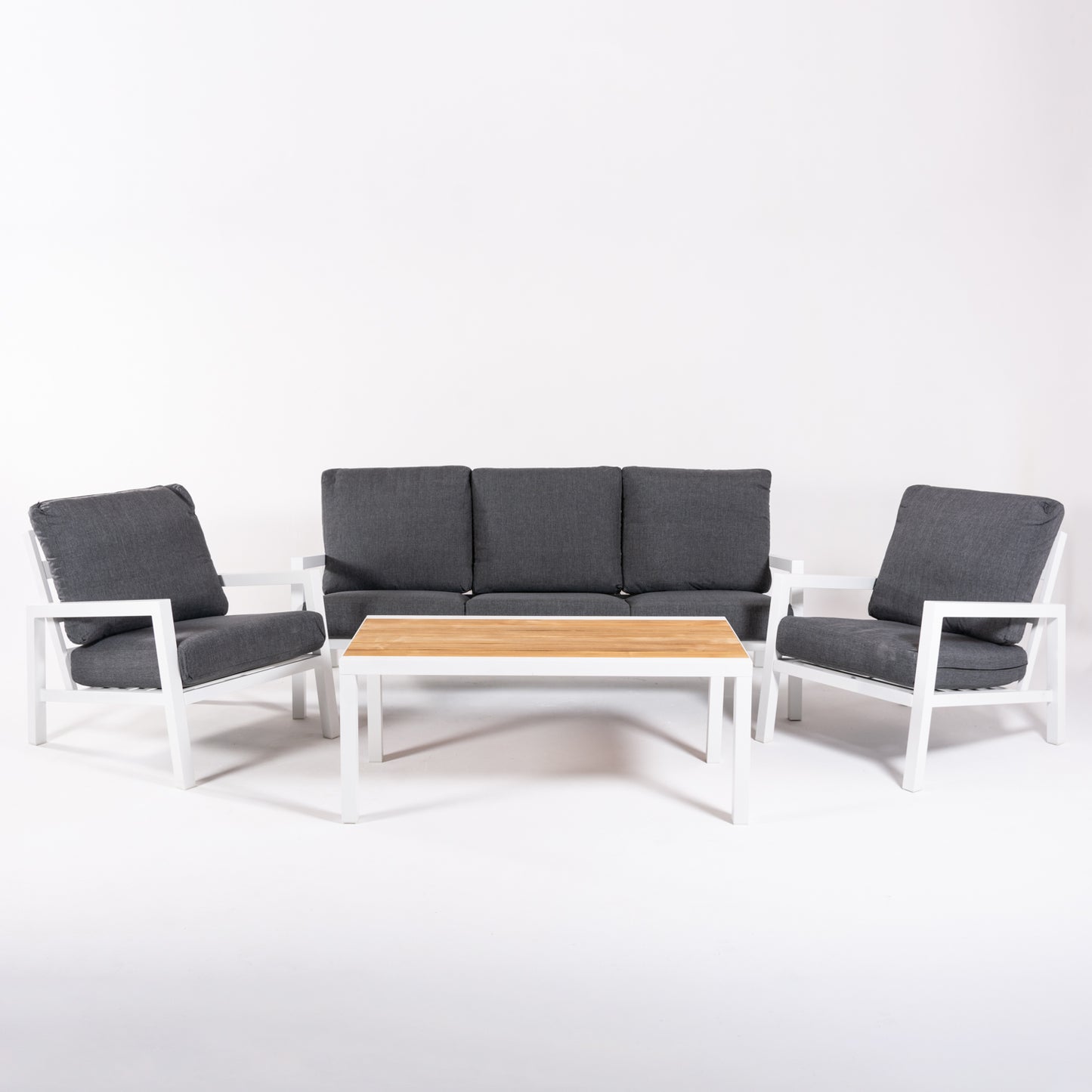 Conjunto De Sofás De Jardín, Mesa Con Tablero De Madera Y Aluminio + 2 Sillones + 1 Sofá De 3 Plazas, Color Blanco_2