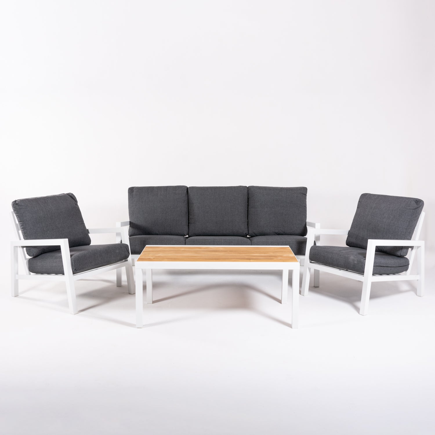 Conjunto De Sofás De Jardín, Mesa Con Tablero De Madera Y Aluminio + 2 Sillones + 1 Sofá De 3 Plazas, Color Blanco_2