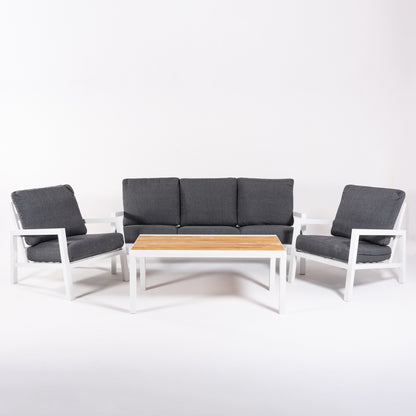 Conjunto De Sofás De Jardín, Mesa Con Tablero De Madera Y Aluminio + 2 Sillones + 1 Sofá De 3 Plazas, Color Blanco_2