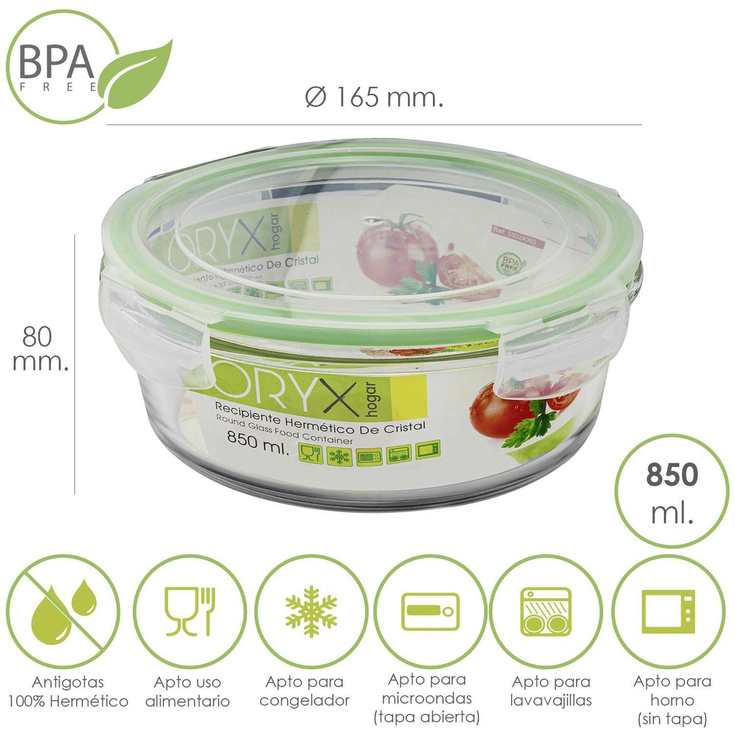 Recipiente Hermetico Cristal Redondo 850 Ml. Ø 165 X 8 (alt) Cm._0