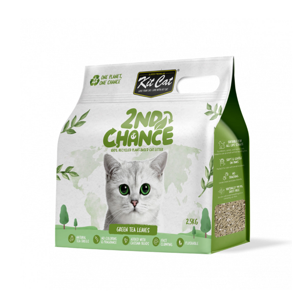 Kit de areia para gatos Eco 2nd Chance - Chá verde 2,5 kg Folhas de chá verde, ervilha e mandioca
