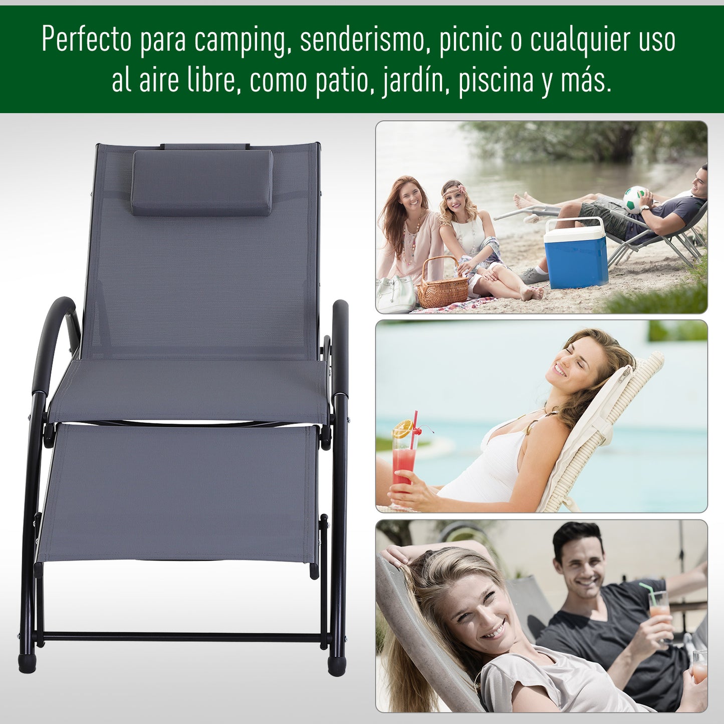 Outsunny Tumbona Jardín Con Respaldo Ajustable Reposapiés Y Reposacabezas Gris_5