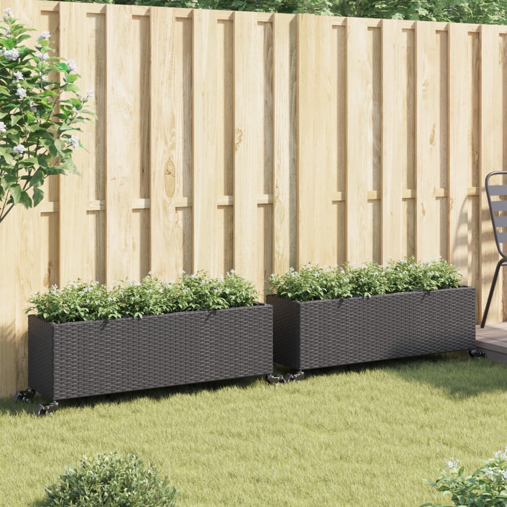 Jardineras Con Ruedas 2 Uds Ratán Sintético Negro 107x32x38 Cm_2