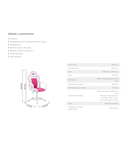 Sillon Giratorio Xtr Junior Regulable En Altura En Símil Piel Blanco/rosa, 98-108 Cm(alto_3