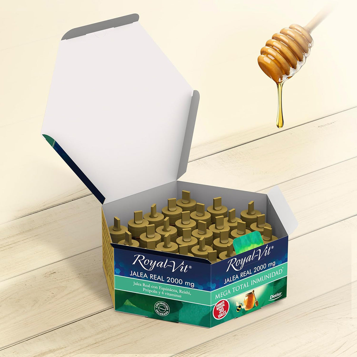 Geleia Real 2000mg Mega Imunidade Total, com Reishi, Própolis e Equinácea Royal Vit 30 ampolas