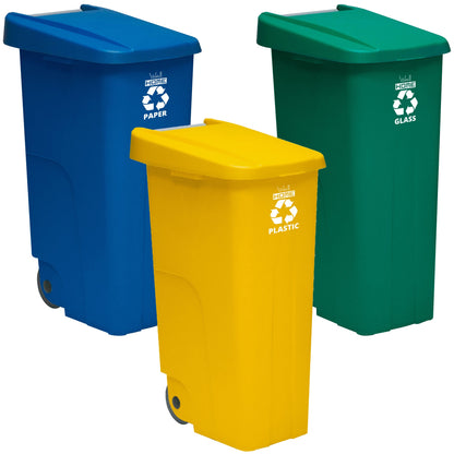 Pack Reciclaje 3 Contenedores - Cubo De Basura Wellhome Reciclo 110l Cerrado C/u: Azul (papel Y Cartón) - Verde (vidrio) - Amarillo (plásticos)_0
