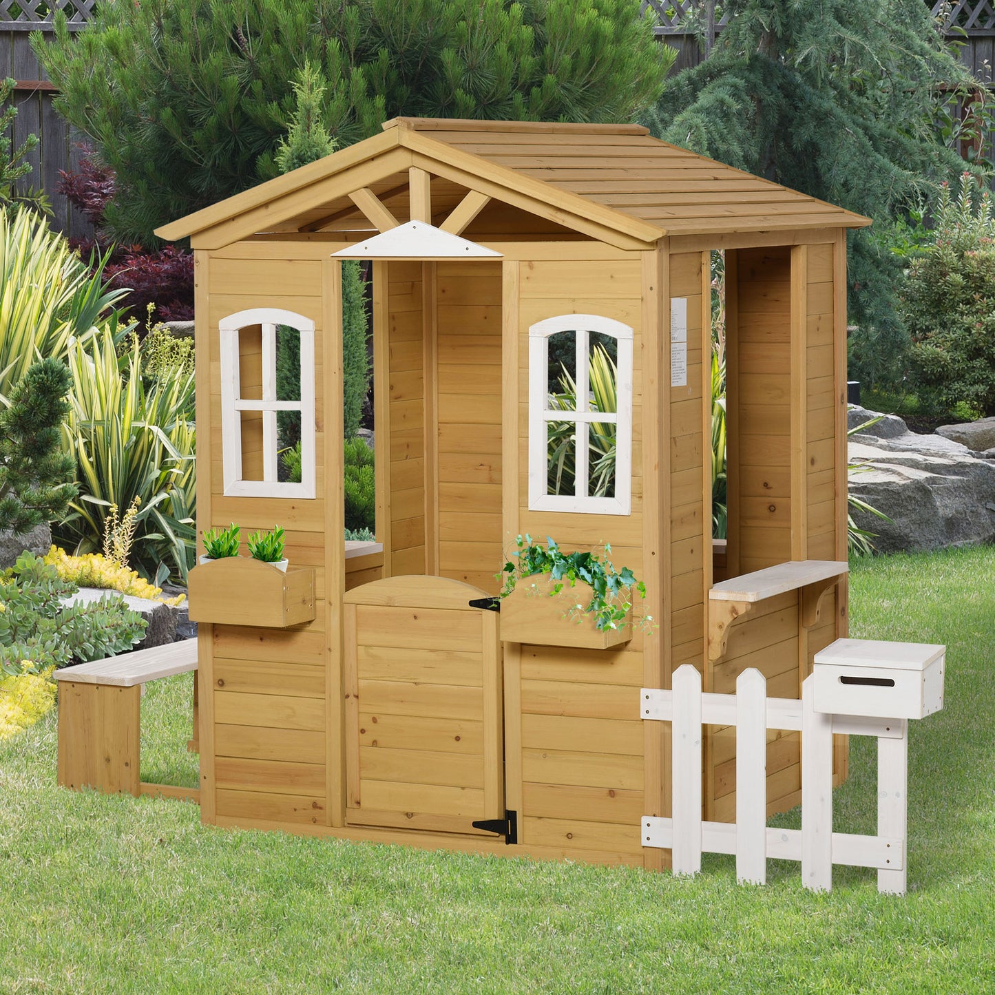 Outsunny Casita Infantil Exterior De Madera 205x119x140cm Para +3 Años Natural_1