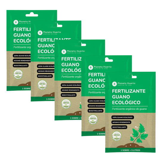 Embalagem com 5 fertilizantes solúveis Guano Eco da Planeta Huerto, para 25 L.