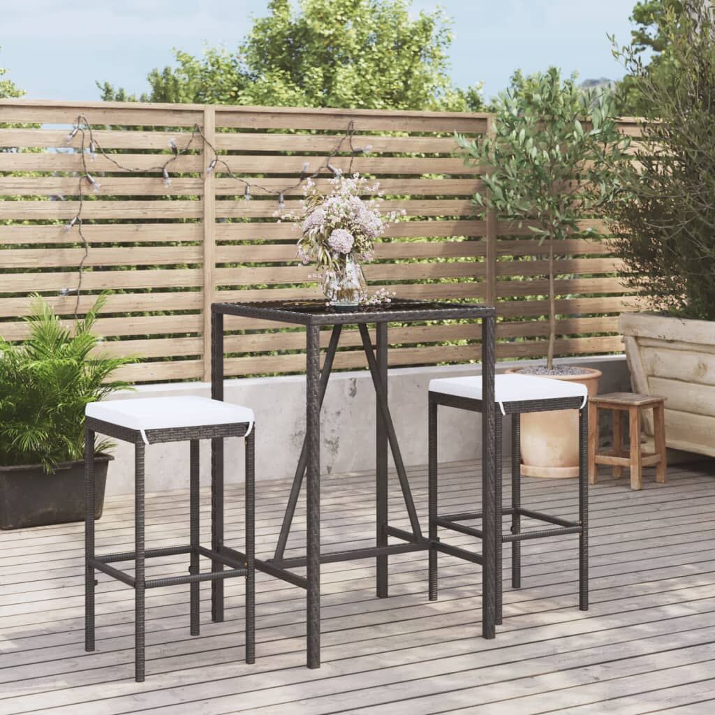 Vidaxl Mesa Y Taburetes Altos Jardín 3 Piezas Y Cojines Ratán Pe Negro_1