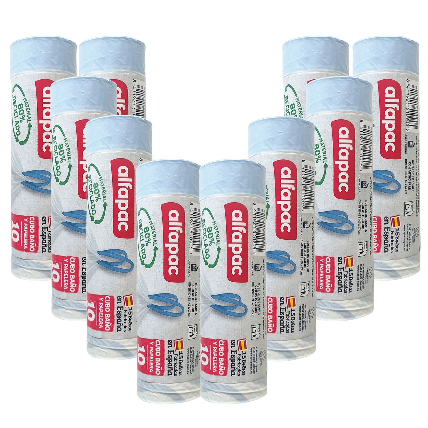 80% Reciclado 10 Rollos De 15 Bolsas De Basura De 10l Con Autocierre