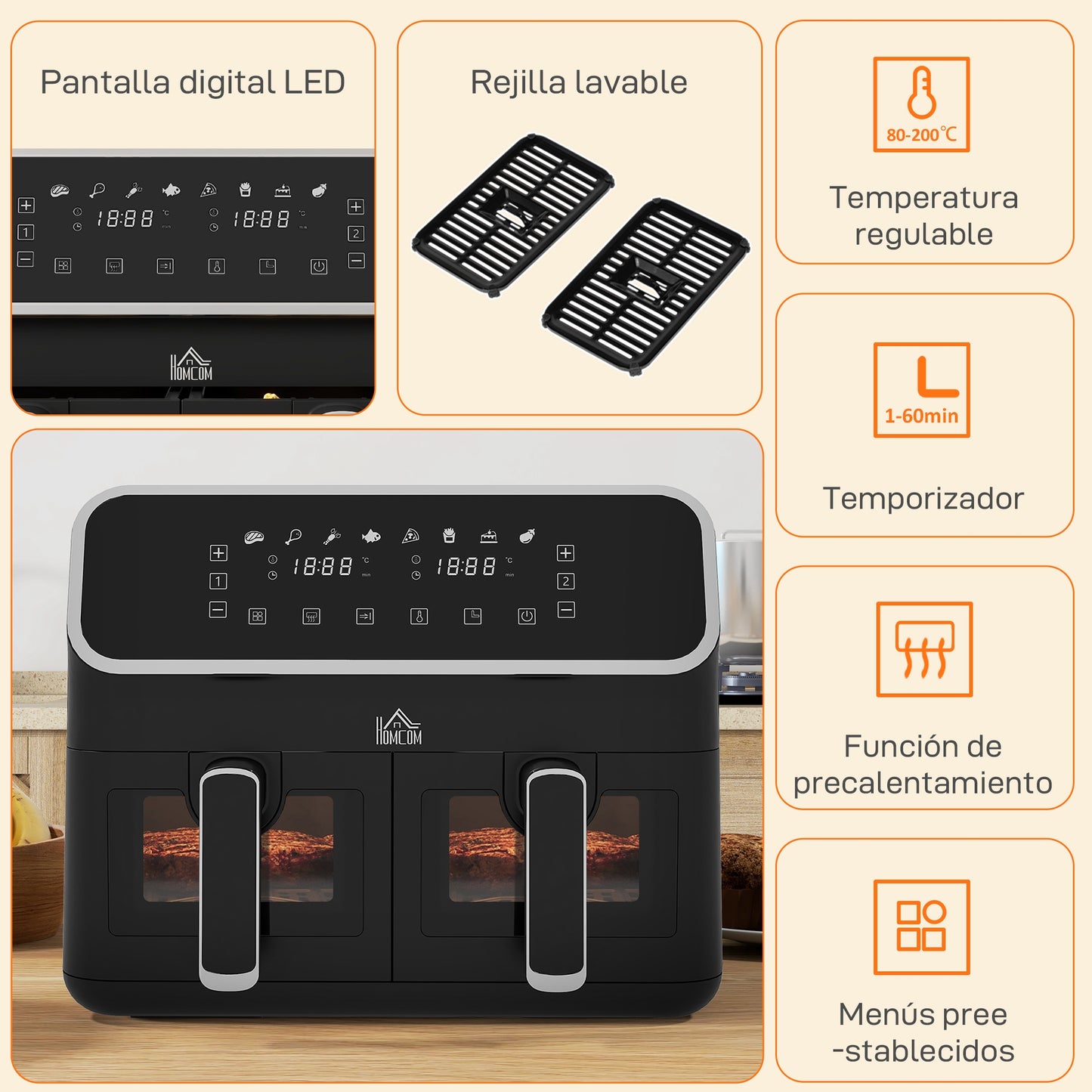 Homcom Freidora De Aire 8l 2700w Con 2 Cestas 8 Programas Pantalla Digital_3