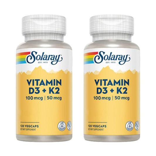 Embalagem de 2x Vitamina D3 e K2 (Mk7) 120 Cápsulas Solaray
