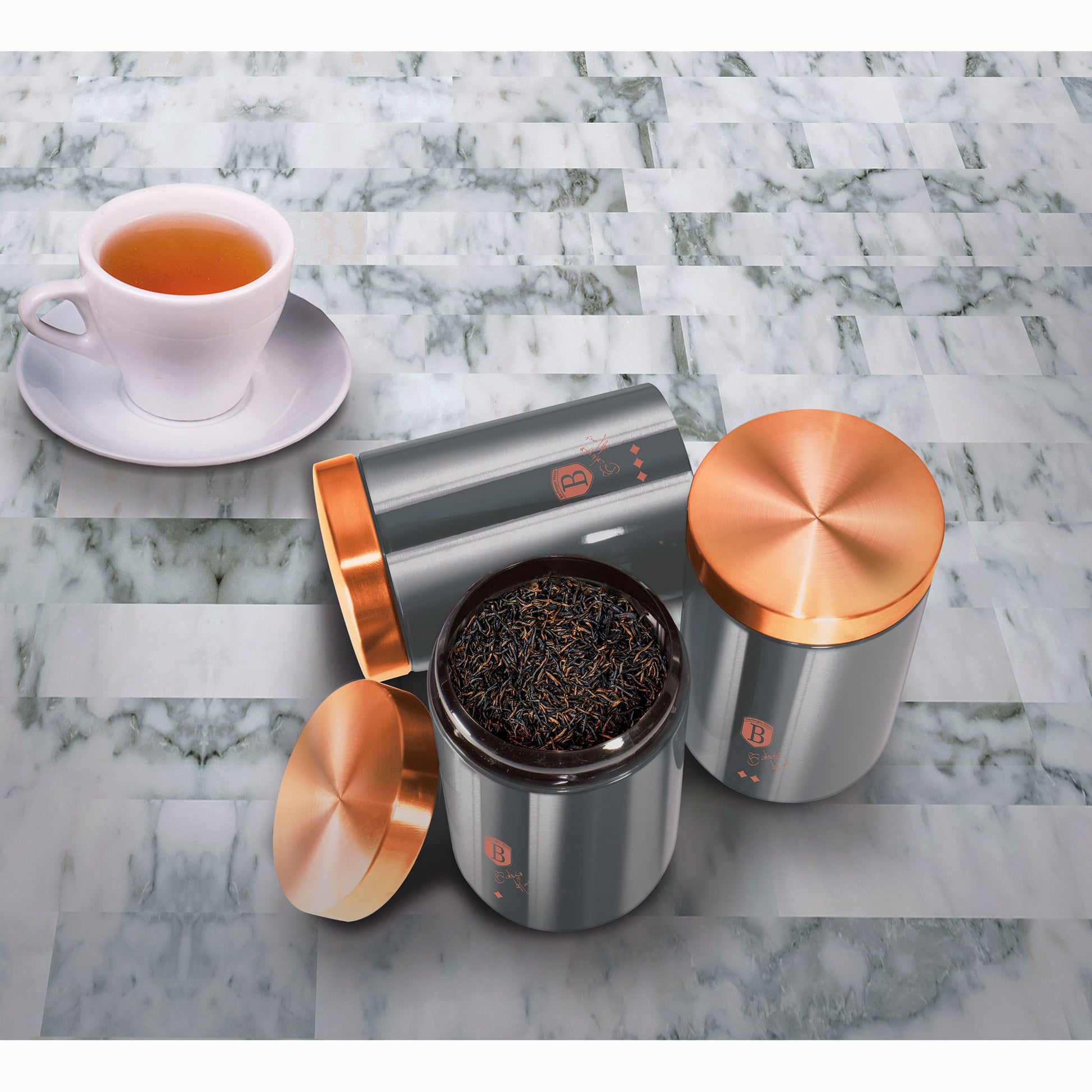 Set 3 Botes Cocina Almacenaje Acero Inoxidable, Diseño Moderno, Ø11x17,8cm Especias, Té ,café Berlinger Haus Moonlight, Gris_2