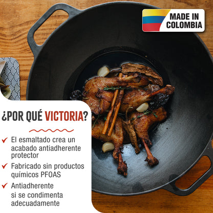 Victoria Wok Hierro Fundido Esmaltado Inducción 35,5cm, Apta Fuego, Barbacoa, Horno Cast Iron Skillet, 30926, Negro_1